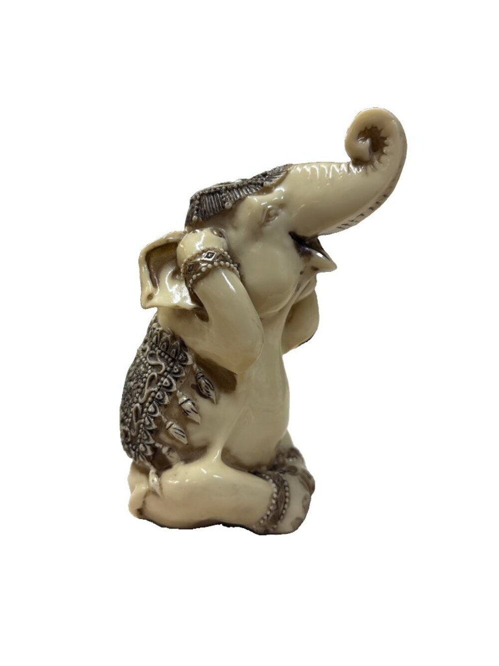 Vintage Resin Boho Beige Elephant Sitting Hear No Evil Figurine